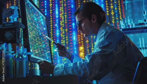 DNA Sequencing  Illustrate a biotechnology student analyzing DNA sequences on a computer screen or using a sequencing machine in the lab