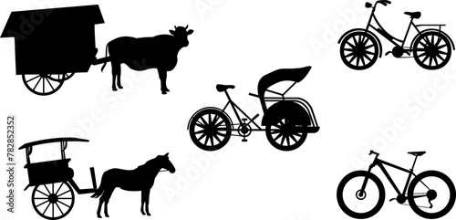 Vector set of traditional transport silhouettes. Cow carts, bicycles, rickshaws, horse carts. Kendaraan Becak photo