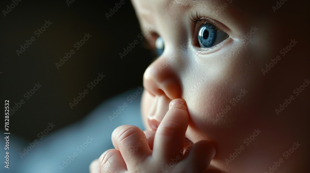a baby's innocent and curious nature as they touch their fingers to their lips. Fictional Character Created by Generative AI. a baby's innocent and curious nature as they touch their fingers to their lips. Fictional Character Created by Generative AI.