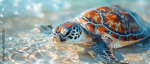 Sea turtle near shore, close up, detailed shell, clear blue water, soft focus photo