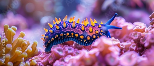 Sea slug on coral, close up, vivid colors, detailed texture, soft focus photo