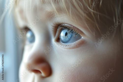 close up image of cute infant or newborn baby face with captivating blue eyes, sitting by a window. Fictional Character Created by Generative AI.