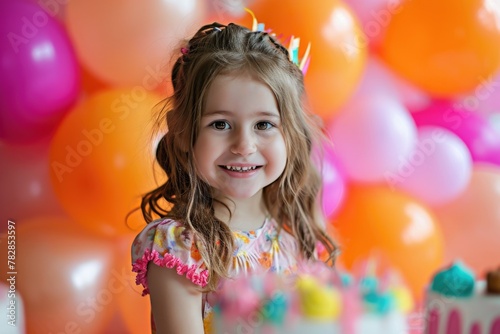 Happy Birthday Girl Photo with Yummy Cake Surrounded by Balloons, Closeup Image. Fictional Character Created by Generative AI.