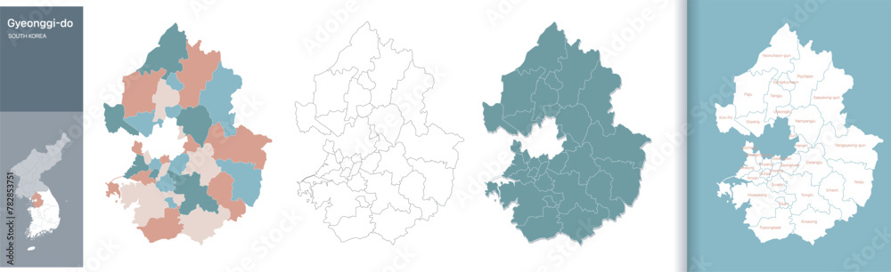 High resolution illustration map of Gyeonggi-do, South Korea