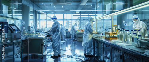 Laboratory Safety Procedures, Illustrate a laboratory setting with scientists following safety protocols, wearing personal protective equipment (PPE), and handling hazardous materials safely