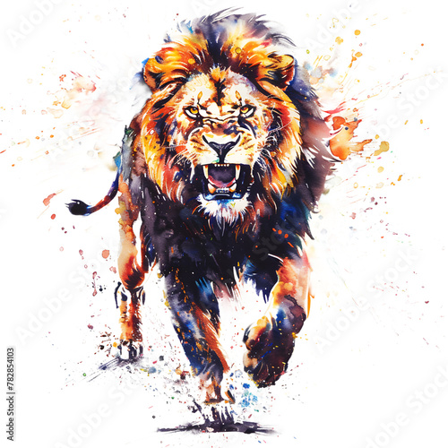 Watercolor painting a wild lion in full roar charging directly towards the camera with a fierce expression. 