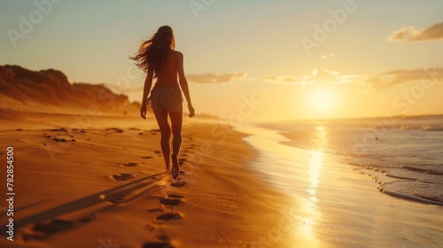 A carefree soul skips along a sandy beach