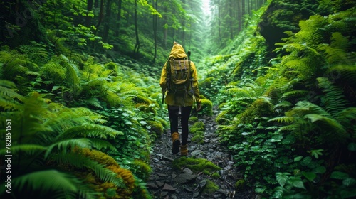 An adventurous figure explores a lush forest