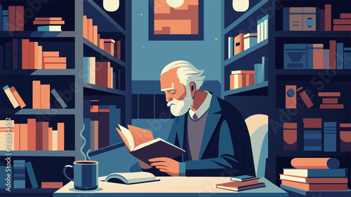 As the hustle and bustle of the old bookstore carries on a wise elderly man finds a tranquil spot to read in silence. With a peaceful smile and