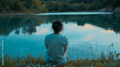 A contemplative person sits by a tranquil lake © Heinan Drawings