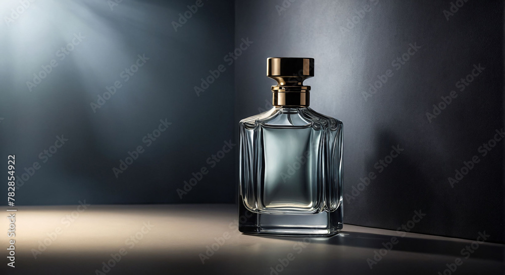Luxury perfume bottle closeup on black elegance background. Mockup of a black perfume bottle on a dark empty background. Horizontal.