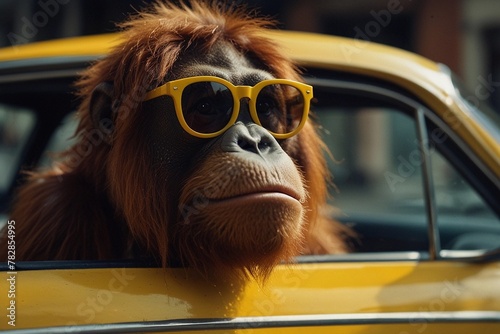 An orangutan sits in a car, in the front seat, wearing glasses. Monkey taxi driver, creative, fantasy, humor, cartoon.