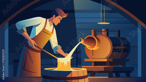 In a dimly lit bat a home brewer carefully pours a vial of shimmering gold liquid into the large barrel in front of them. As they stir the