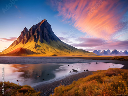 Impressive view of Vestrahorn mountaine on Stokksnes cape in Iceland during sunset. Amazing Iceland nature seascape. popular tourist attraction. Best famouse travel locations. © Stockar BD