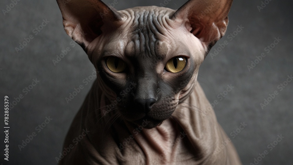 Portrait of a Sphinx cat on a dark background with dramatic light