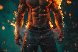 pumped-up male torso engulfed in flames, athlete, athletic abs