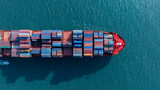 Aerial view cargo container ship, Container cargo vessel ship carrying container for import export freight shipping, Global logistic sea freight shipping logistic cargo vessel.