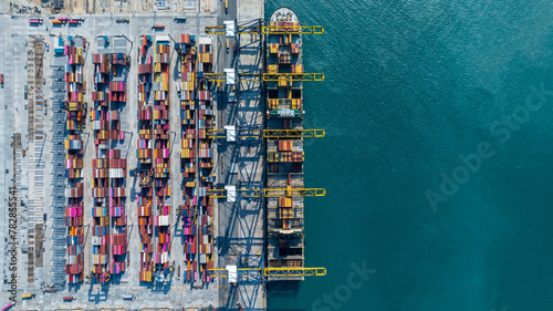 Aerial view cargo container ship, Container cargo vessel ship carrying container for import export freight shipping, Global logistic sea freight shipping logistic cargo vessel.