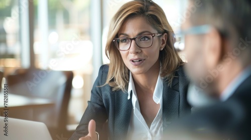In a boardroom setting, a consultant articulates tailored strategies to a client, emphasizing data-driven approaches and collaborative problem-solving for sustainable business success. 