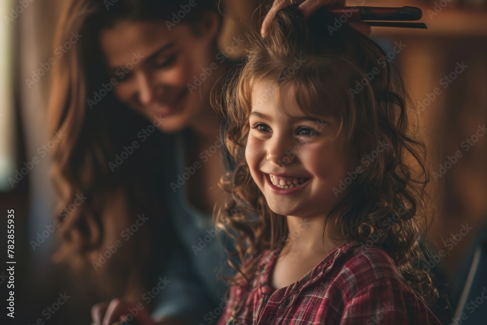 Fototapeta premium A little girl smiling for the camera with a woman brushing her hair Fictional Character Created by Generative AI.