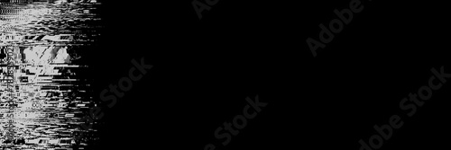 Abstract Black White Glitch banner background. Grunge noise border overlay effect. Video Damage Error. Digital signal distortion visualization. Random white lines, copy space. Cyber Monday design