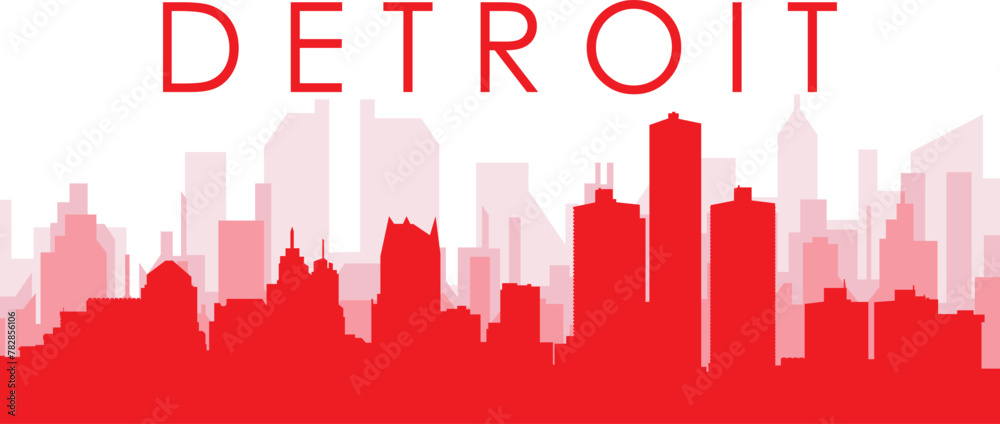 Red panoramic city skyline poster with reddish misty transparent background buildings of DETROIT, UNITED STATES Red panoramic city skyline poster with reddish misty transparent background buildings of DETROIT, UNITED STATES