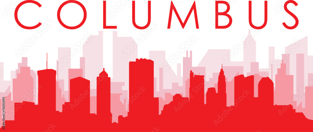 Red panoramic city skyline poster with reddish misty transparent background buildings of COLUMBUS, UNITED STATES