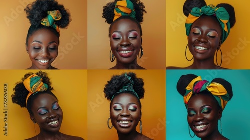 African American Woman Models Diverse Headwraps and Joyful Expressions.