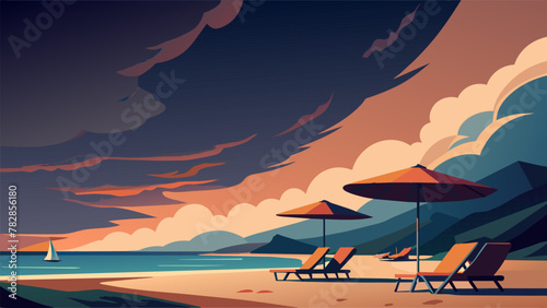A deserted beach with chairs and umbrellas neatly arranged in anticipation of a busy day as dark storm clouds approach in the distance.
