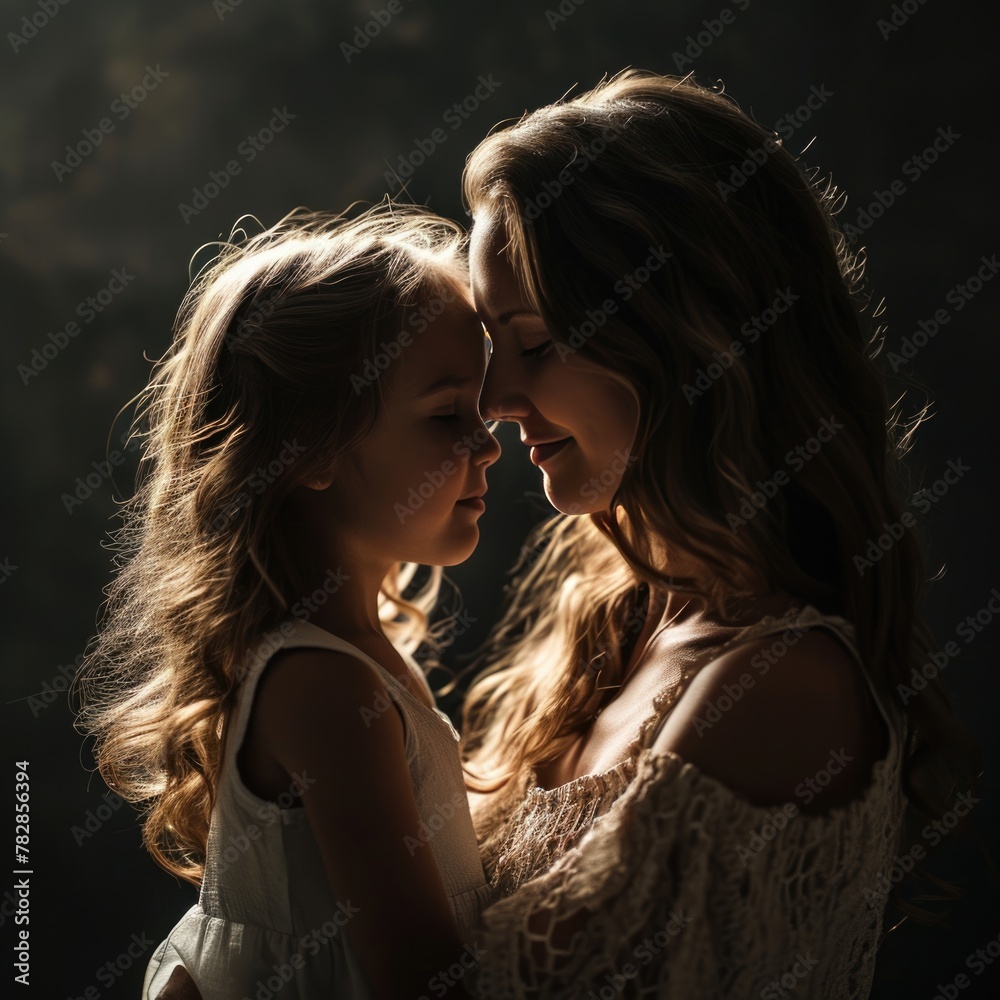 A mother and daughter share a tender moment in a dark room Fictional Character Created by Generative AI.
