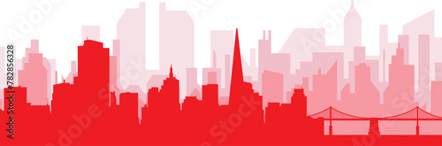 Red panoramic city skyline poster with reddish misty transparent background buildings of SAN FRANCISCO  UNITED STATES