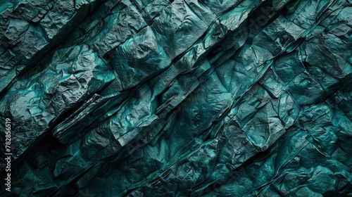 A dense, dark teal rocky surface that looks like the side of a mountain. The texture is rugged and natural, with various shades of teal adding depth.  photo