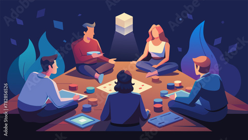A group of friends sat in a dimly lit room surrounded by piles of colorful resource cards and wooden game pieces. The flickering glow of