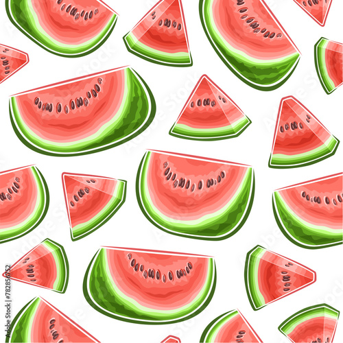 Vector Watermelon Seamless Pattern, repeat background with chopped ripe watermelons for bed linen, decorative square poster with flying flat lay juicy watermelon raw fruits on white for home interior