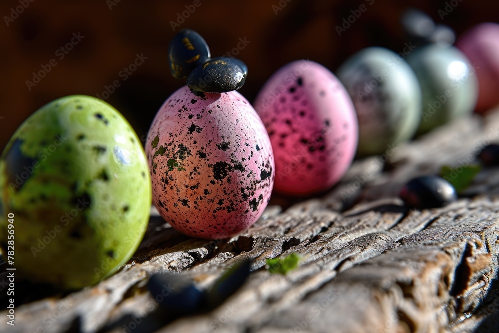 Obraz premium Colorful Easter Eggs Arranged on a Wooden Table
