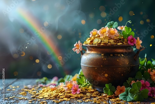 Leprechaun's Bounty: Magical Rainbow & Golden Coins. Concept Lucky Charms, Pot of Gold, St, Patrick's Day, Irish Tradition
