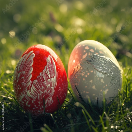 Two decorated Easter eggs resting on grass photo