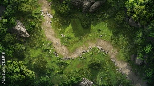 RPG battle map. Hobby roleplaying. AI generated. Fantasy battlefield illustration, cartography forest location