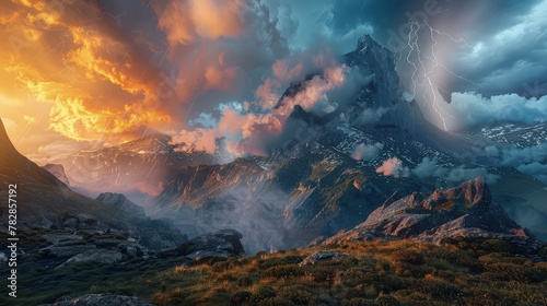 Mountain landscape mockup during a thunderstorm.