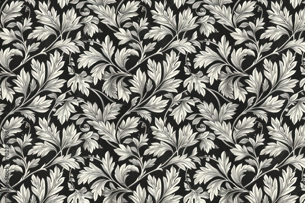 Toile pattern tapestry. Arts and crafts. Monochrome botanical pattern background. Created with Generative AI technology. Toile pattern tapestry. Arts and crafts. Monochrome botanical pattern background. Created with Generative AI technology.