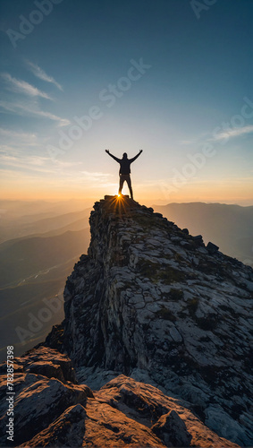 silhouette of a lone person standing on top of a mountain with arms stretched towards the sky to celebrate their success