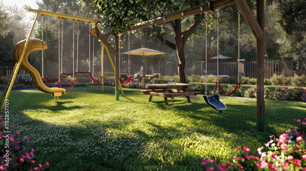 Obraz premium A family-friendly backyard with a playground set, including swings and a slide, on a safe, soft grass area. There's a picnic table under a shaded area, surrounded by flowering shrubs.
