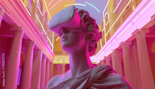 Stone Statue Woman Wears Virtual Reality Glasses Full Screen Wide Angle Vr Glasses For Smartphone Devices Technology With Another Person Through Digital Screen