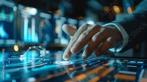 A dynamic financial analyst engrossed in futuristic data, navigating a sleek touchscreen, epitomizing cutting-edge analysis in a tech-driven workspace.
