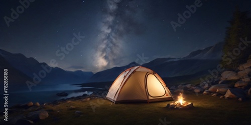 summer adventure Night Camping by Milky Way fireplace cooking 