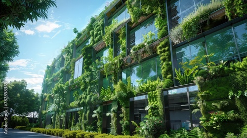 A green tech research facility, where the exterior is covered in vertical gardens and the interior features energy-efficient, sustainable technology solutions.  © muhammad