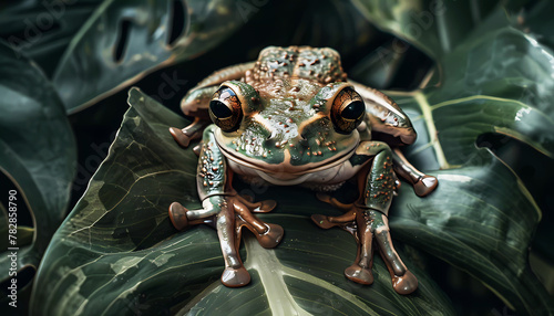 Amazonas frog on a green leaf. Generative ai design art concept.