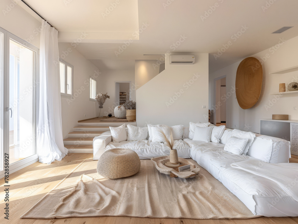 Fototapeta premium Serene minimalist bedroom in peach tone. Interiors composition in a luxury home