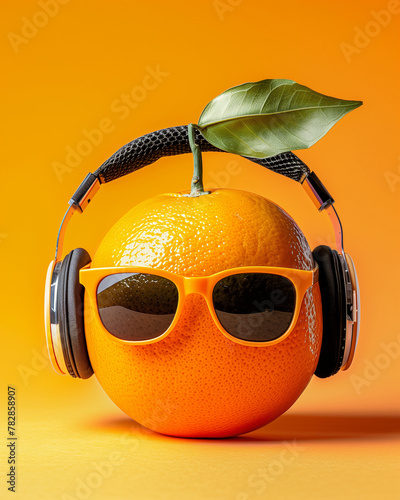 An orange wearing black sunglasses and headphones against a vibrantly orange background in a simple design in the style of a fun advertising style promotional poster. Minimal summer idea