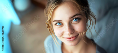 Happy smiling young blonde scandinavian woman close up portrait. Generative ai design art concept.